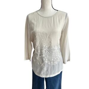 St. Emile Women’s 100% Silk Blouse Embroidered Front White Long Sleeve Size M